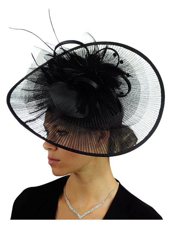 Cocktail Sinamay Fascinator Headband Feather & Flower Design - Black