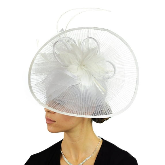 C.C Cocktail Sinamay Fascinator Headband Feather & Flower Design -White