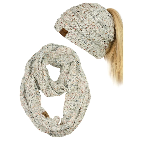 C.C Colorful Confetti BeanieTail Messy High Bun Cable Knit Beanie and Infinity Loop Scarf Set, Oatmeal
