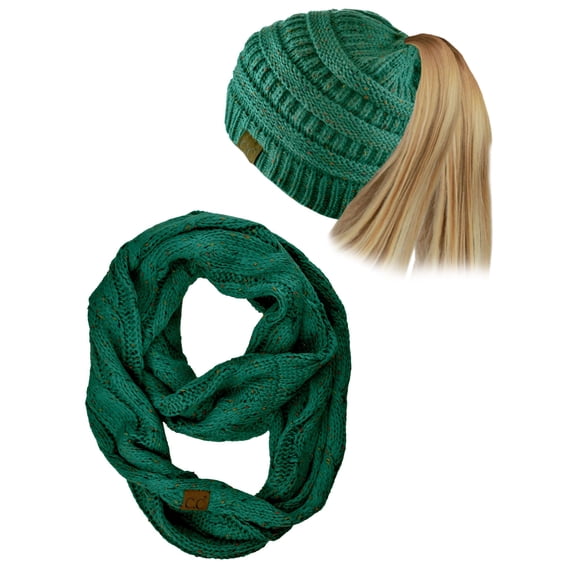 C.C Colorful Confetti BeanieTail Messy High Bun Cable Knit Beanie and Infinity Loop Scarf Set, Sea Green