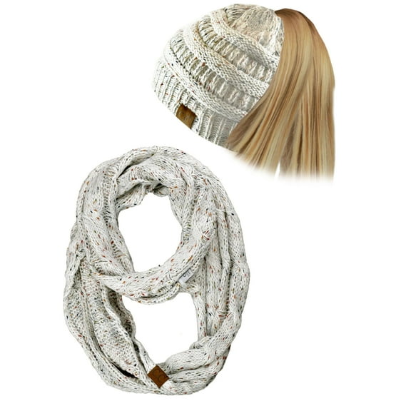 C.C Colorful Confetti Messy Bun Beanie, Loop Scarf, Set, Ivory