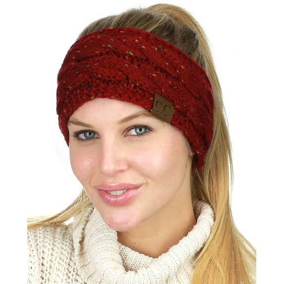 C.C Colorful Confetti Winter Warm Cable Knit Fuzzy Lined Ear Warmer Headband, Burgundy