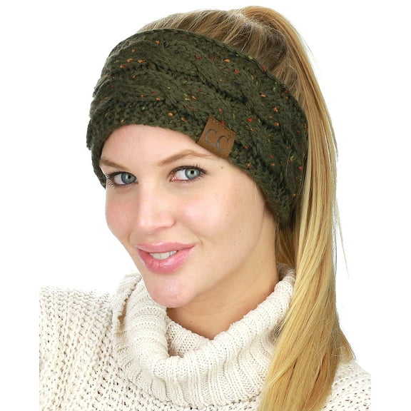 C.C Colorful Confetti Winter Warm Cable Knit Fuzzy Lined Ear Warmer Headband, Dark Olive