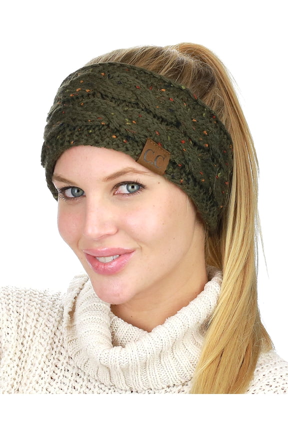 C.C Colorful Confetti Winter Warm Cable Knit Fuzzy Lined Ear Warmer Headband, Dark Olive