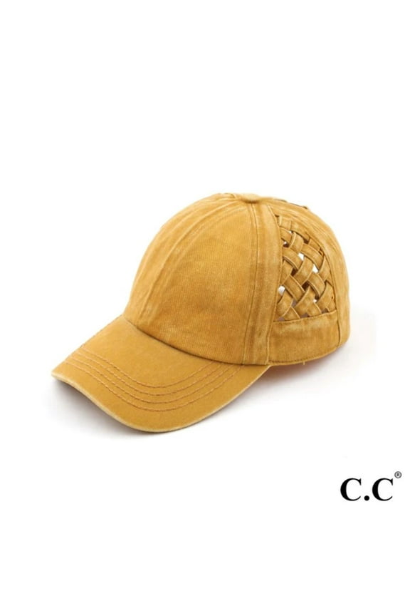 Criss Cross Pony Cap Featuring Basket Weave Design On Sides, Mustard