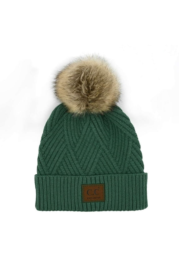 Diagonal Criss Cross Pattern Suede Patch Snuggly Soft Pom Cuff Beanie, Antique Seagreen