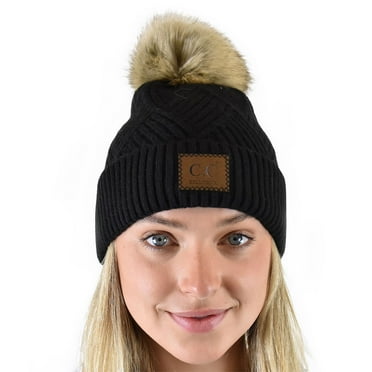 C.C Diagonal Criss Cross Pattern Suede Patch Snuggly Soft Pom Cuff Beanie, Black