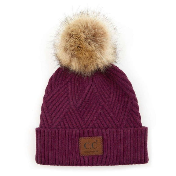 C.C Diagonal Criss Cross Pattern Suede Patch Snuggly Soft Pom Cuff Beanie, Eggplant