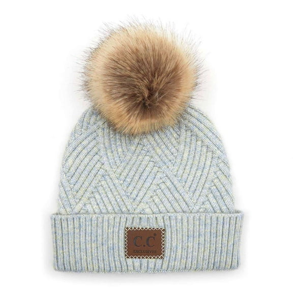 C.C Diagonal Criss Cross Pattern Suede Patch Snuggly Soft Pom Cuff Beanie, Pastel Blue Mix
