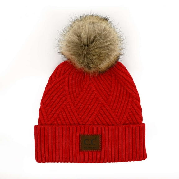 C.C Diagonal Criss Cross Pattern Suede Patch Snuggly Soft Pom Cuff Beanie, Red