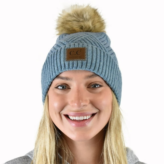C.C Diagonal Criss Cross Pattern Suede Patch Snuggly Soft Pom Cuff Beanie, Steel Blue Mix