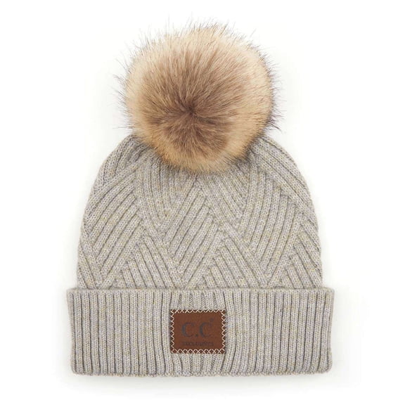 C.C Diagonal Criss Cross Pattern Suede Patch Snuggly Soft Pom Cuff Beanie, Warm Gray Mix