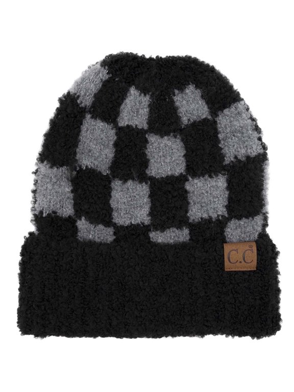 Eco Friendly Recycled Winter Chunky Stretchy Knit Beanie Cap Hat (Checkered Boucle Black/Dk. Gray)