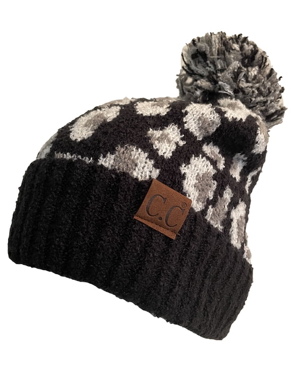 Exclusive Leopard Pattern Fur Pom Cuffed Beanie - Black