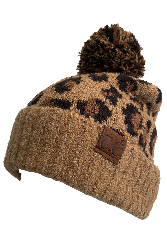 Exclusive Leopard Pattern Fur Pom Cuffed Beanie - Latte