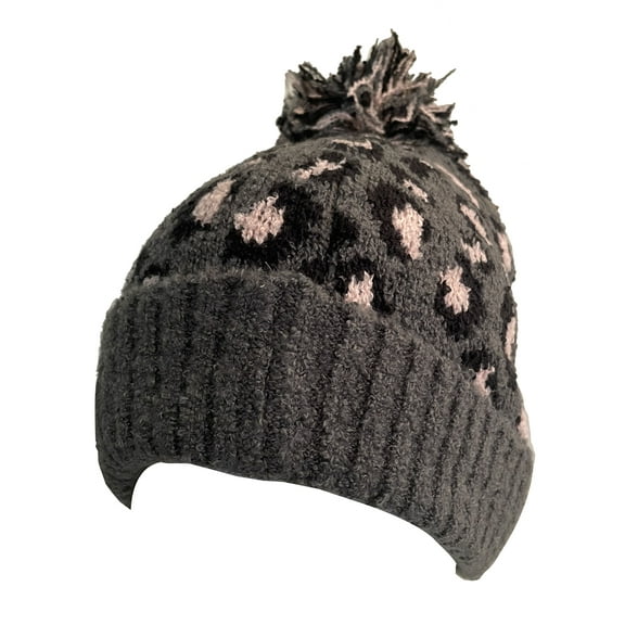 C.C Exclusive Leopard Pattern Fur Pom Cuffed Beanie - Light Melange Grey