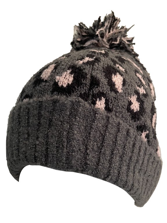 Exclusive Leopard Pattern Fur Pom Cuffed Beanie - Light Melange Grey