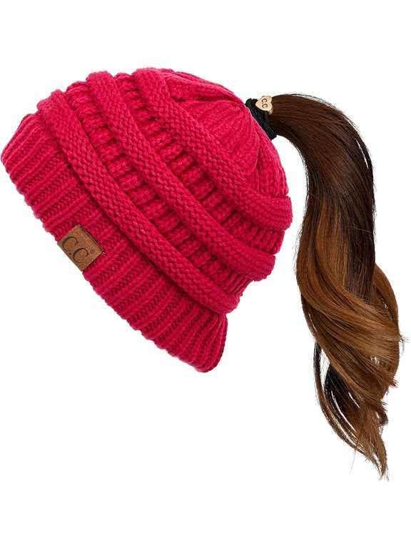 Exclusives Soft Stretch Cable Knit Messy Bun Ponytail Beanie Winter Hat for Women (MB-20A) Hotpink