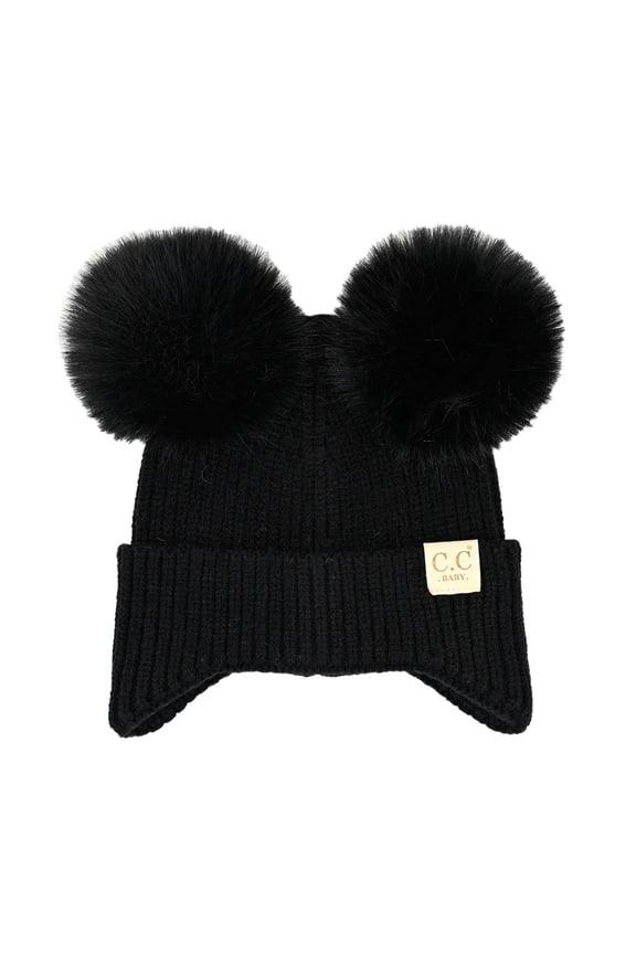 Exclusives Toasty and Warm Ear Flap Double Pom Beanie, Black, Newborn-9 Months, 1 Count