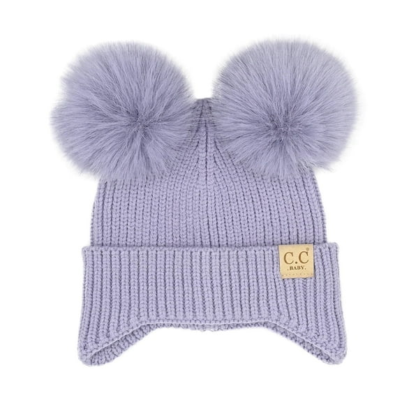 C.C Exclusives Toasty and Warm Ear Flap Double Pom Beanie, Purple, Newborn-9 Months, 1 Count