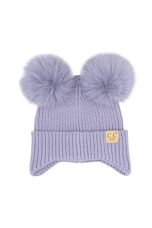 Exclusives Toasty and Warm Ear Flap Double Pom Beanie, Purple, Newborn-9 Months, 1 Count