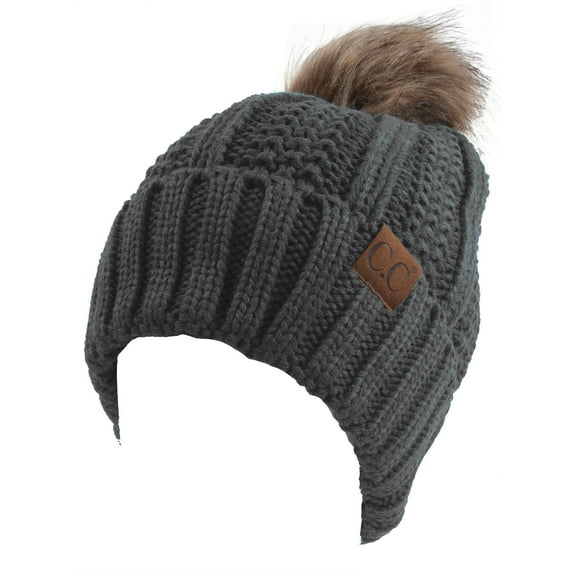 C.C Fleece Lined Cable Knit Faux Fur Skull Cap Beanie With Pom, Lt Melange Grey
