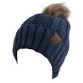 thumbnail image 1 of C.C Fleece Lined Cable Knit Faux Fur Skull Cap Cuff Beanie With Pom, Dk Denim, 1 of 5