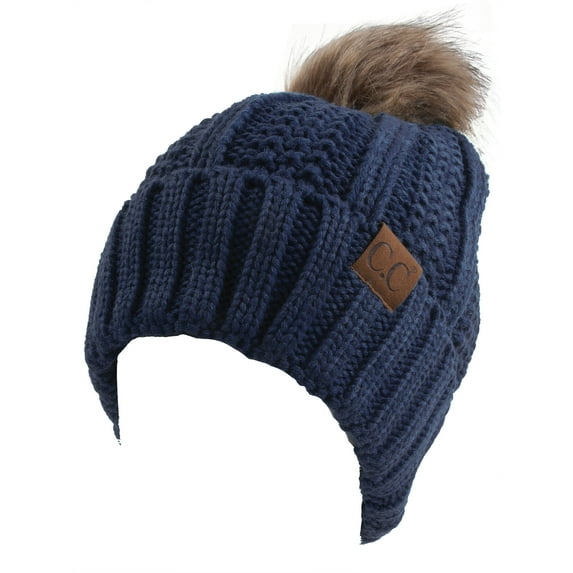 C.C Fleece Lined Cable Knit Faux Fur Skull Cap Cuff Beanie With Pom, Dk Denim