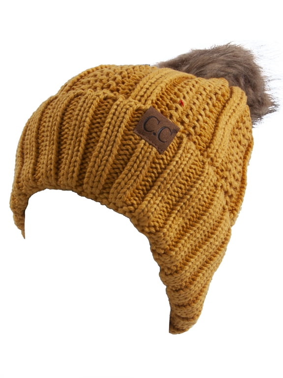 Fleece Lined Cable Knit Faux Fur Skull Cap Cuff Beanie With Pom, Mustard