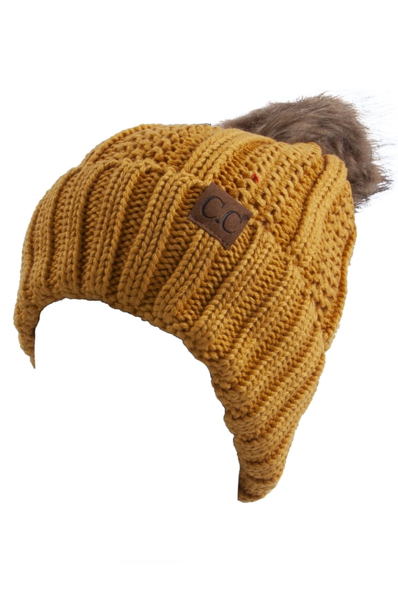 Fleece Lined Cable Knit Faux Fur Skull Cap Cuff Beanie With Pom, Mustard