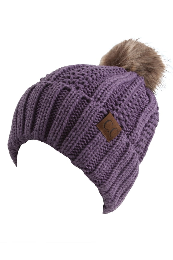 Fleece Lined Cable Knit Faux Fur Skull Cap Cuff Beanie With Pom, Violet