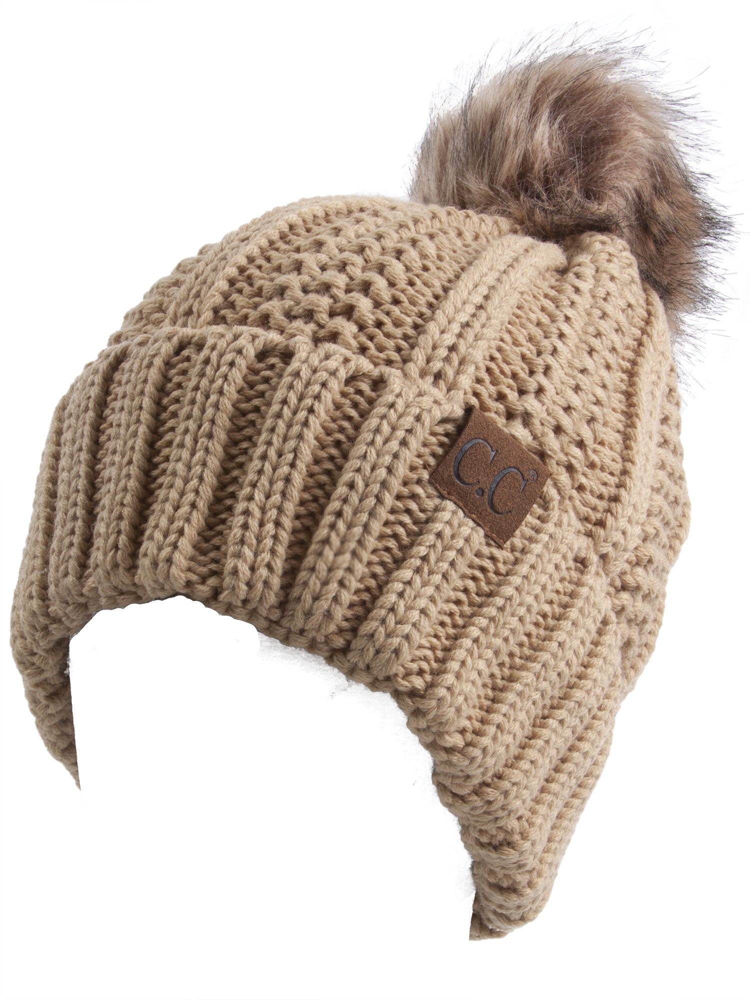 Cable Knit Beanie with Faux Fur Pom Fleece Lined Skull Cap Winter Hat Beanie Cable Knit Slouch Faux Fur Pom Ski Fleece Lined  main image 2