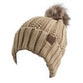 thumbnail image 1 of C.C Fleece Lined Cable Knit Faux Fuzzy Fur Skull Cap Beanie With Pom, Camel, 1 of 5