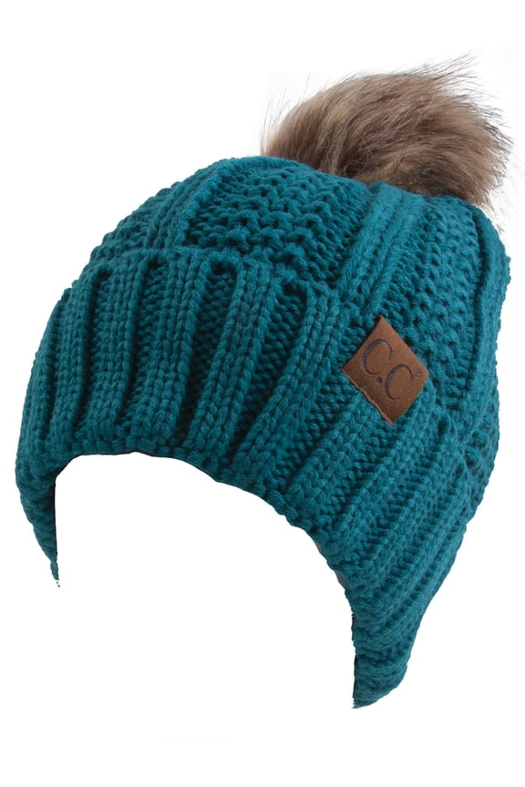 Fleece Lined Cable Knit Faux Fuzzy Skull Cap Cuff Beanie With Pom, Teal