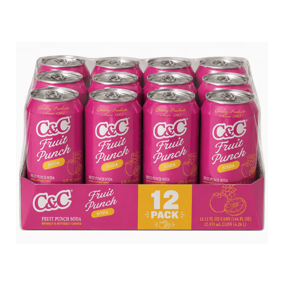 C&C Fruit Punch Soda, 12 fl oz Cans, 12 Pack Fruit Flavored Soft Drink