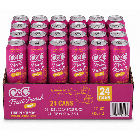 C&C Fruit Punch Soda, 12 fl oz Cans, 24 Pack Fruit Flavored Soft Drink