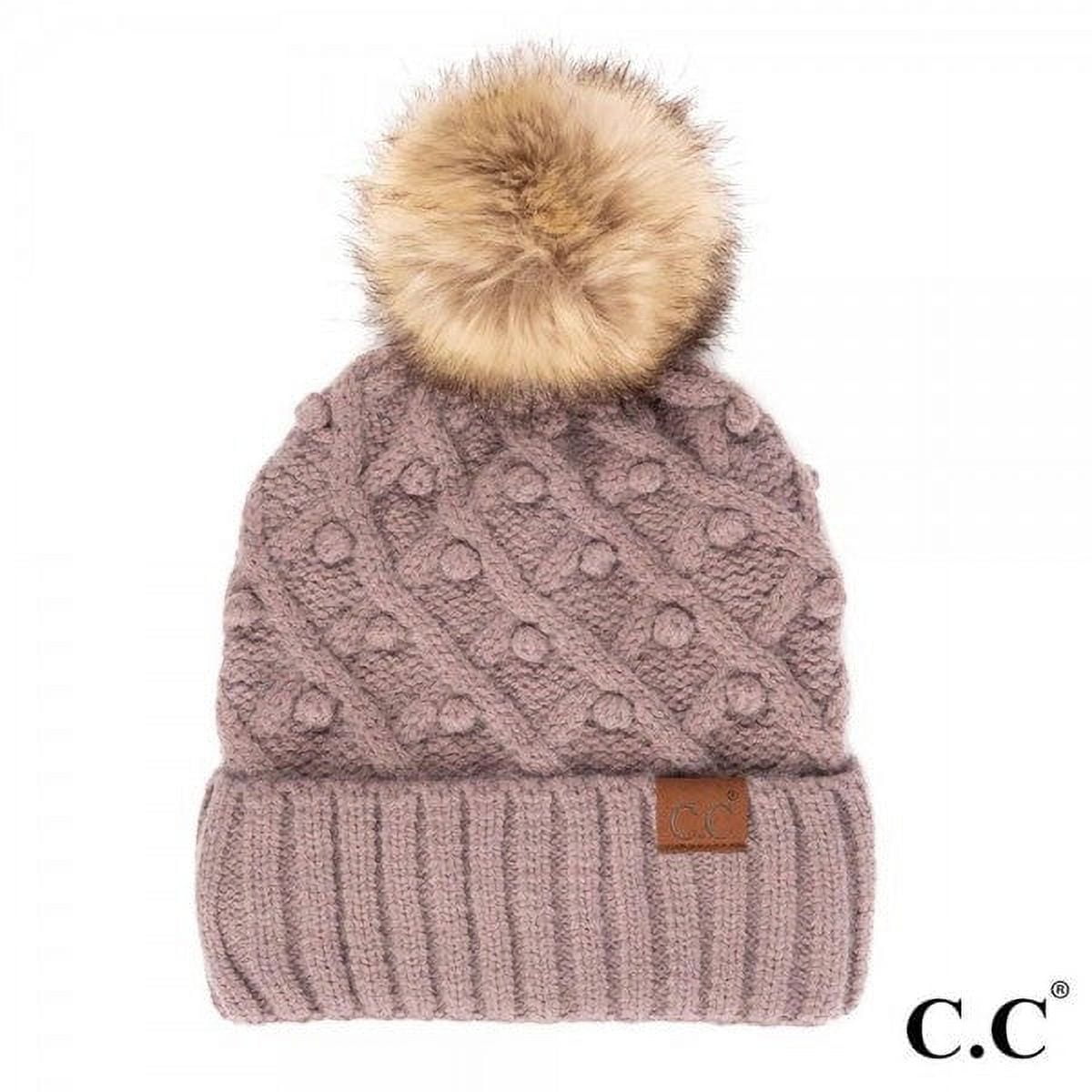Knit Beanie C.C Hat (Mix Stretch Fleeced Pink) Pom Cap Pom Winter Lined Sherpa Chunky