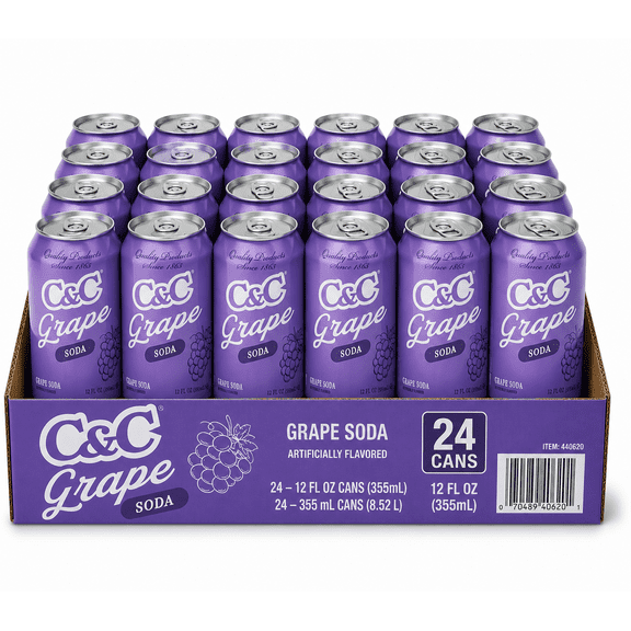 C&C Grape Soda Grape Flavored Soda Soft Drink, 12 fl oz Cans, 24 Pack