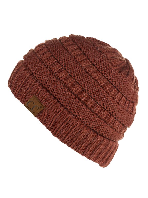 Hat-20A Slouchy Thick Warm Cap Hat Skully Color Cable Knit Beanie, Brick