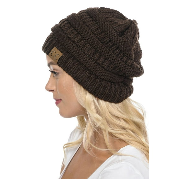 C.C Hat-20A Slouchy Thick Warm Cap Hat Skully Color Cable Knit Beanie Brown