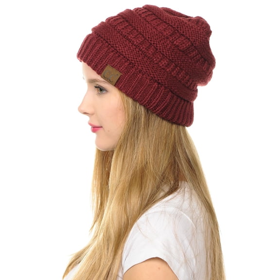 C.C Hat-20A Slouchy Thick Warm Cap Hat Skully Color Cable Knit Beanie Burgundy