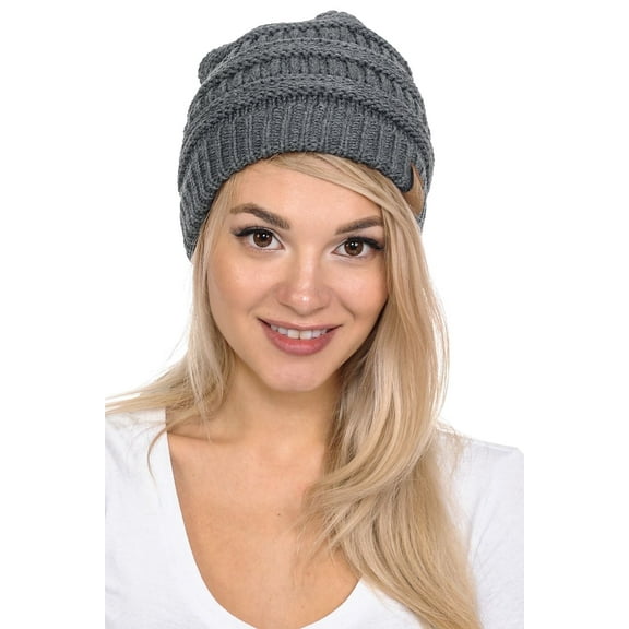 C.C Hat-20A Slouchy Thick Warm Cap Hat Skully Color Cable Knit Beanie Dark Melange