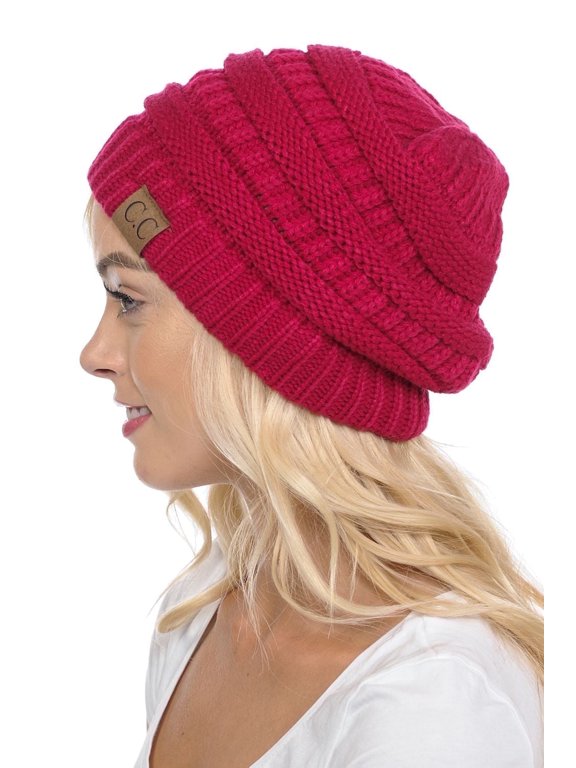 Hat-20A Slouchy Thick Warm Cap Hat Skully Color Cable Knit Beanie Hot Pink