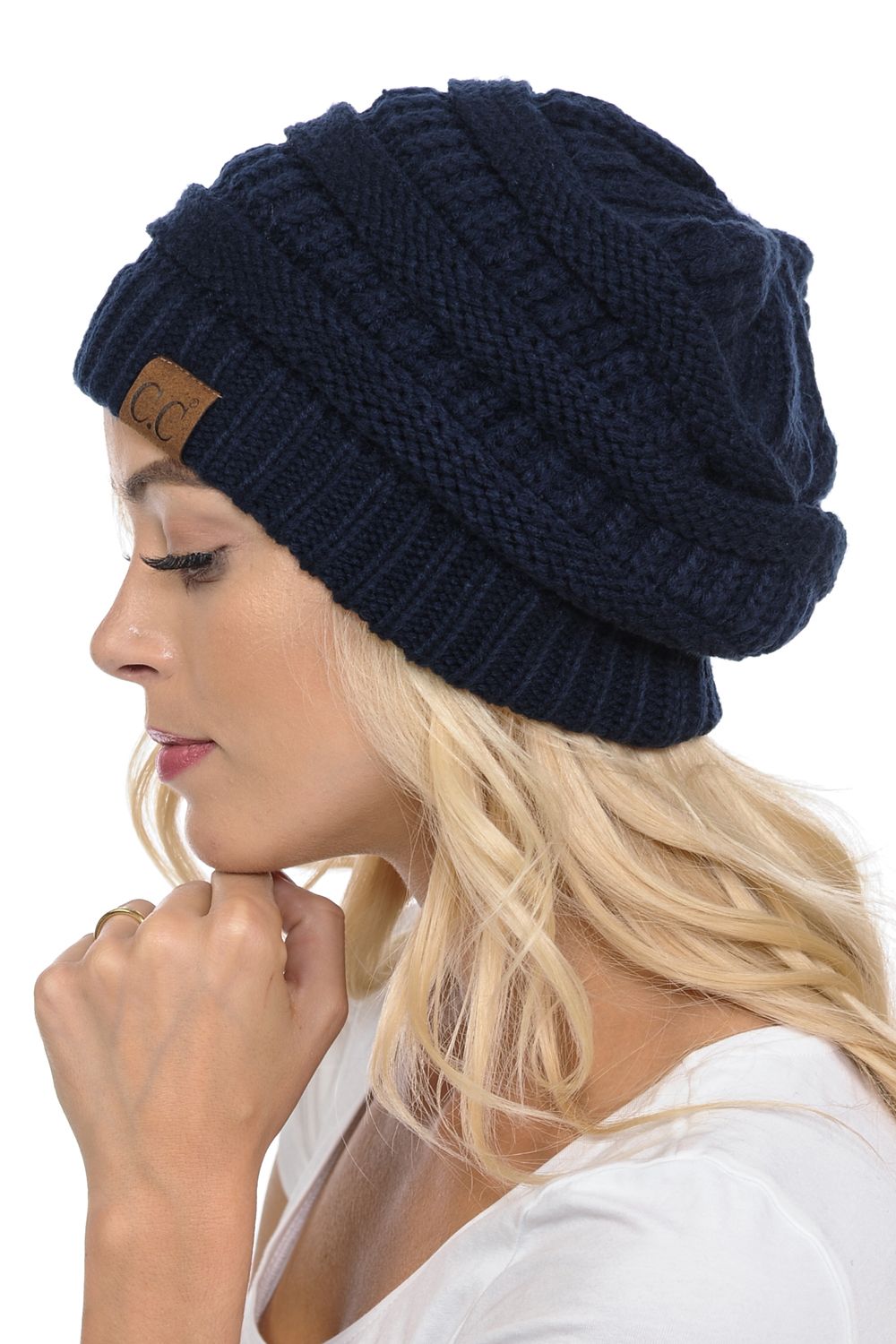 C.C Hat-20A Slouchy Thick Warm Cap Hat Skully Color Cable Knit Beanie Navy - image 1 of 2