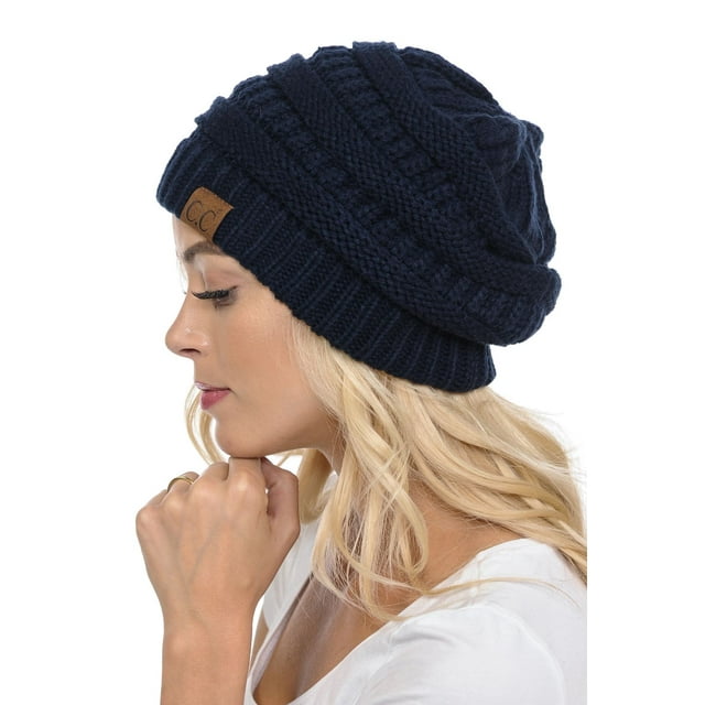 C.C Hat-20A Slouchy Thick Warm Cap Hat Skully Color Cable Knit Beanie Navy