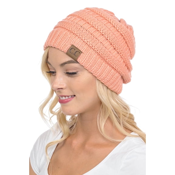 C.C Hat-20A Slouchy Thick Warm Cap Hat Skully Color Cable Knit Beanie Peach