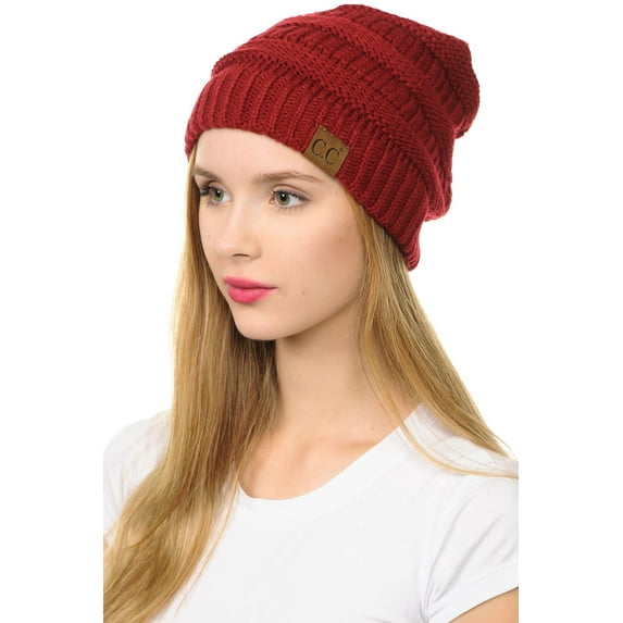 C.C Hat-20A Slouchy Thick Warm Cap Hat Skully Color Cable Knit Beanie Red