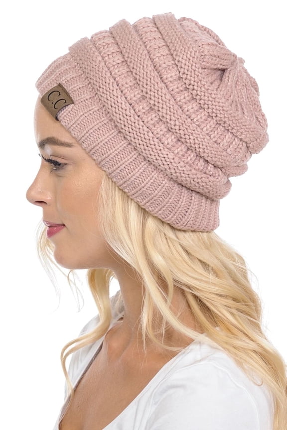 Hat-20A Slouchy Thick Warm Cap Hat Skully Color Cable Knit Beanie Rose