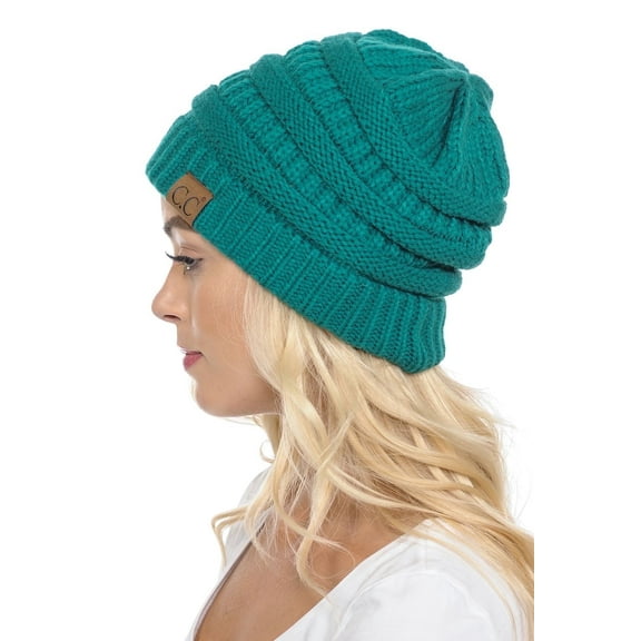 C.C Hat-20A Slouchy Thick Warm Cap Hat Skully Color Cable Knit Beanie Sea Green
