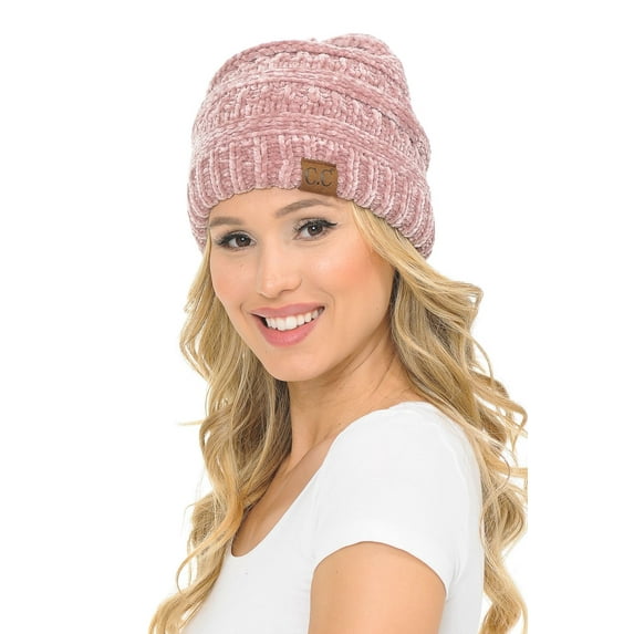 C.C Hat-30 Slouchy Thick Warm Cap Hat Skully Color Cable Knit Beanie Chenille Rose